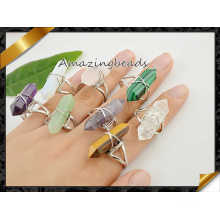 Mixed Stones Double Points Adjustable Rings, Silver Plated Druzy Quartz / Agate / Tiger Eye Gem Stone Rings (FR001)